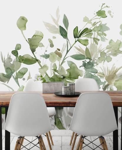 mural de papel pintado de jardín personalizable en verde y blanco llamado Garden Sage de Carol Robinson para dormitorios o salones