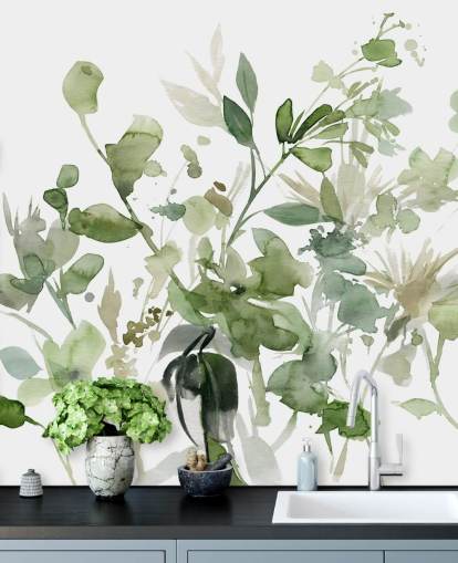 groen-witte aanpasbare tuinbehangmuurschildering genaamd Garden Sage van Carol Robinson voor slaapkamers of lounges