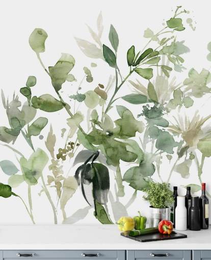 mural de papel pintado de jardín personalizable en verde y blanco llamado Garden Sage de Carol Robinson para dormitorios o salones