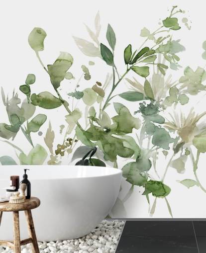 mural de papel pintado de jardín personalizable en verde y blanco llamado Garden Sage de Carol Robinson para dormitorios o salones