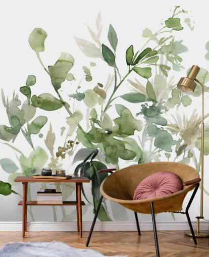 papier peint mural de jardin personnalisable vert et blanc appelé Garden Sage par Carol Robinson pour les chambres ou les salons
