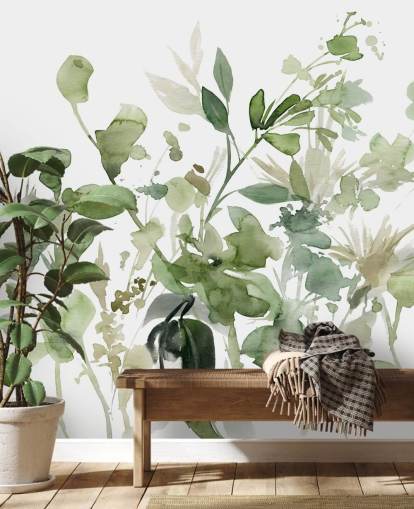 mural de papel pintado de jardín personalizable en verde y blanco llamado Garden Sage de Carol Robinson para dormitorios o salones
