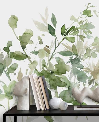 green and white customizable garden wallpaper mural called Garden Sage by Carol Robinson for bedrooms or lounges