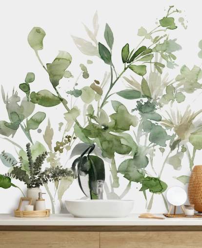 papier peint mural de jardin personnalisable vert et blanc appelé Garden Sage par Carol Robinson pour les chambres ou les salons