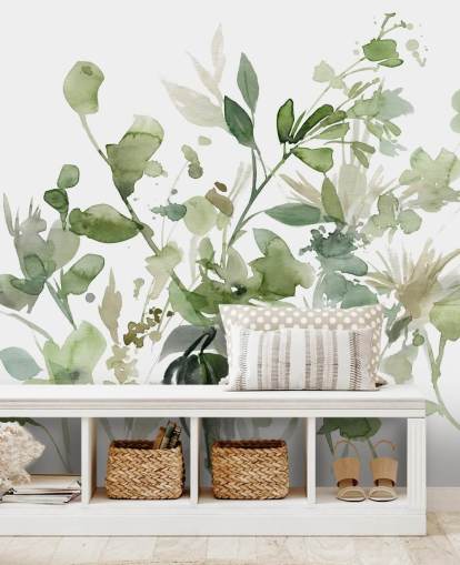 green and white customisable garden wallpaper mural called Garden Sage by Carol Robinson for bedrooms or lounges