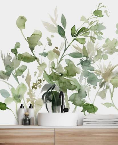 mural de papel pintado de jardín personalizable en verde y blanco llamado Garden Sage de Carol Robinson para dormitorios o salones