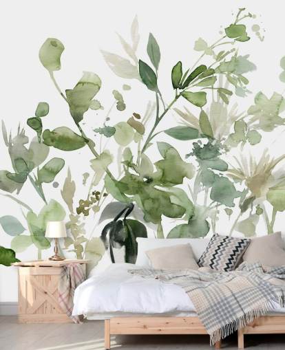green and white customisable garden wallpaper mural called Garden Sage by Carol Robinson for bedrooms or lounges