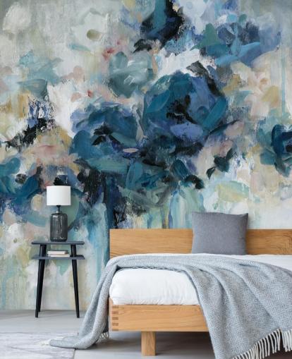 mural de papel pintado floral personalizable azul marino llamado Midnight Splash de Carol Robinson para dormitorio