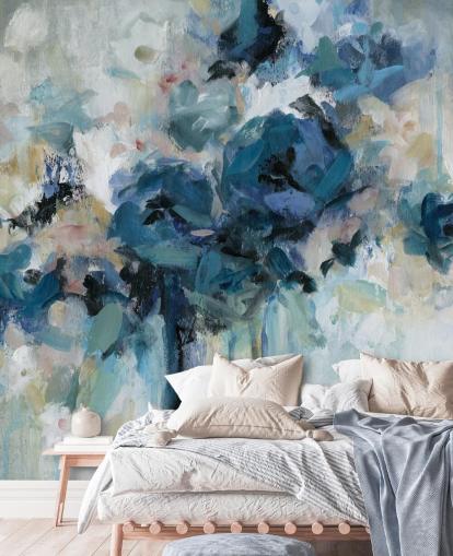 marineblå tilpasselig blomstertapet vægmaleri kaldet Midnight Splash af Carol Robinson til soveværelse