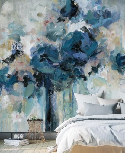 marineblauwe aanpasbare bloemenbehangmuurschildering genaamd Midnight Splash van Carol Robinson voor de slaapkamer