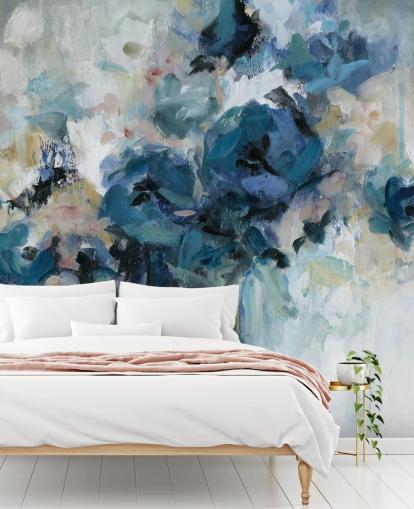 marineblå tilpasselig blomstertapet vægmaleri kaldet Midnight Splash af Carol Robinson til soveværelse