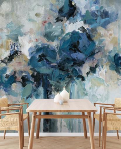 marineblauwe aanpasbare bloemenbehangmuurschildering genaamd Midnight Splash van Carol Robinson voor de slaapkamer