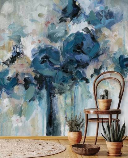 marineblauwe aanpasbare bloemenbehangmuurschildering genaamd Midnight Splash van Carol Robinson voor de slaapkamer
