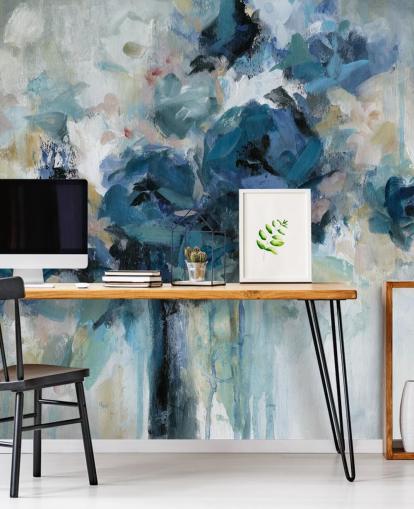 marineblauwe aanpasbare bloemenbehangmuurschildering genaamd Midnight Splash van Carol Robinson voor de slaapkamer