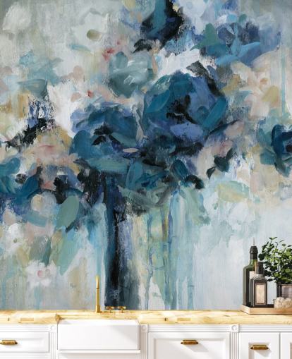 mural de papel pintado floral personalizable azul marino llamado Midnight Splash de Carol Robinson para dormitorio
