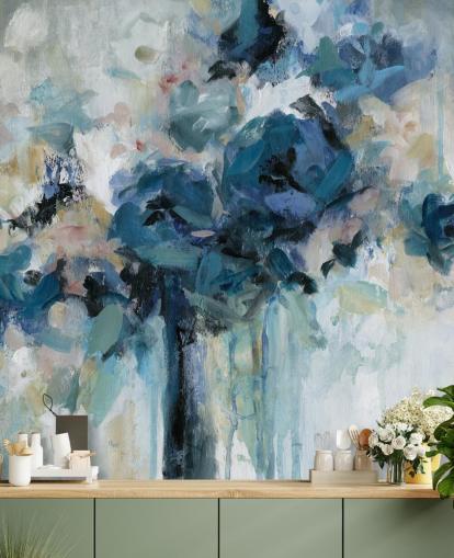 mural de papel pintado floral personalizable azul marino llamado Midnight Splash de Carol Robinson para dormitorio