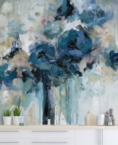 marineblauwe aanpasbare bloemenbehangmuurschildering genaamd Midnight Splash van Carol Robinson voor de slaapkamer