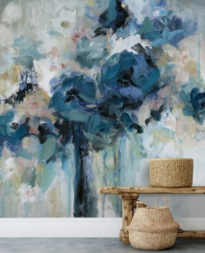 marineblauwe aanpasbare bloemenbehangmuurschildering genaamd Midnight Splash van Carol Robinson voor de slaapkamer