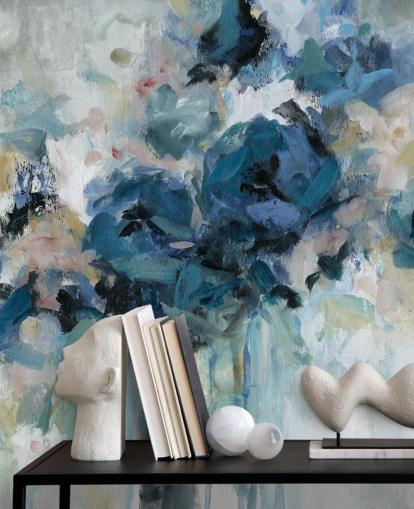 mural de papel de parede floral personalizável em azul marinho chamado Midnight Splash de Carol Robinson para quarto