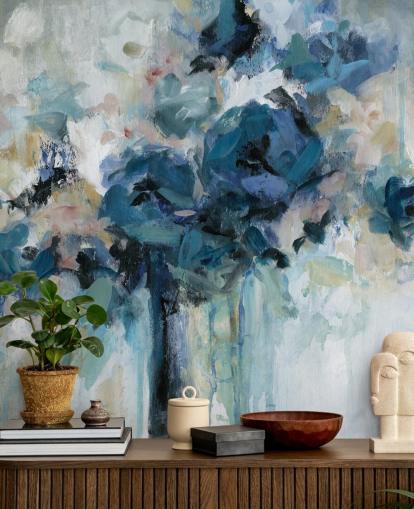 navy blue customisable floral wallpaper mural called Midnight Splash by Carol Robinson for bedroom