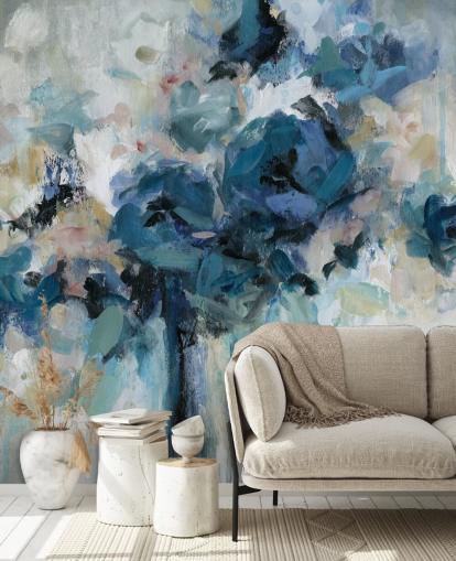 marineblauwe aanpasbare bloemenbehangmuurschildering genaamd Midnight Splash van Carol Robinson voor de slaapkamer