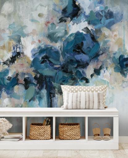 mural de papel de parede floral personalizável em azul marinho chamado Midnight Splash de Carol Robinson para quarto