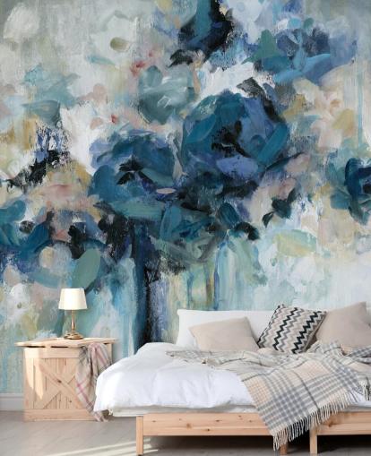 mural de papel pintado floral personalizable azul marino llamado Midnight Splash de Carol Robinson para dormitorio