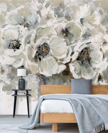 grijze aanpasbare bloemenbehangmuurschildering genaamd Neutral Bouquet van Carol Robinson voor slaapkamers