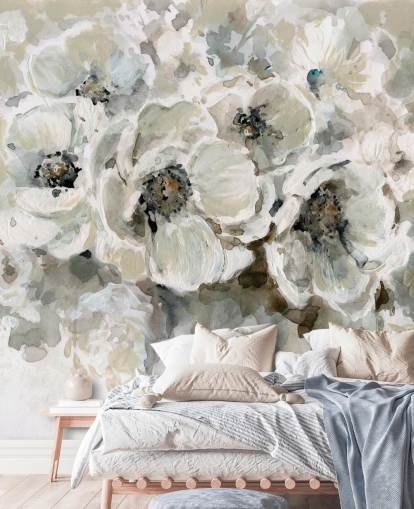 Graue, personalisierbare Blumentapete namens Neutral Bouquet von Carol Robinson für Schlafzimmer
