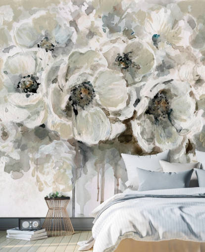 grå tilpasselig blomstertapet vægmaleri kaldet Neutral Bouquet af Carol Robinson til soveværelser
