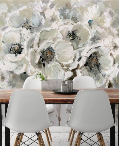 mural de papel pintado floral personalizable gris llamado Neutral Bouquet de Carol Robinson para dormitorios