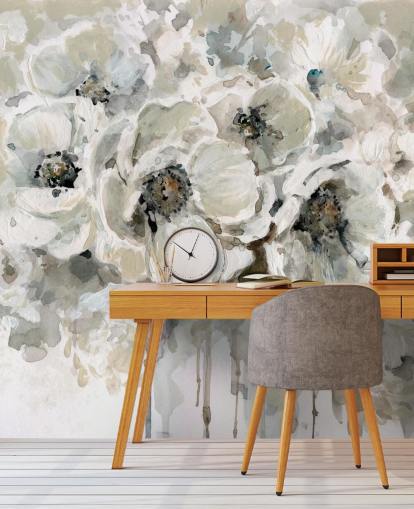 grå anpassningsbar blommig tapetväggmålning kallad Neutral Bouquet av Carol Robinson för sovrum
