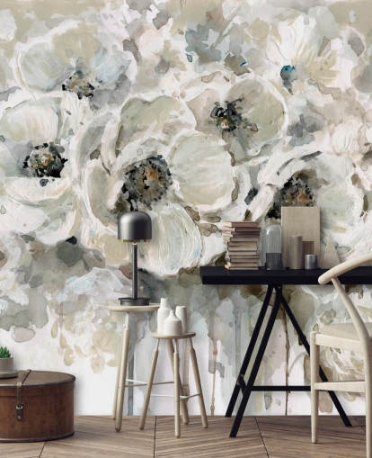 grått tilpassbart blomstertapet veggmaleri kalt Neutral Bouquet av Carol Robinson for soverom