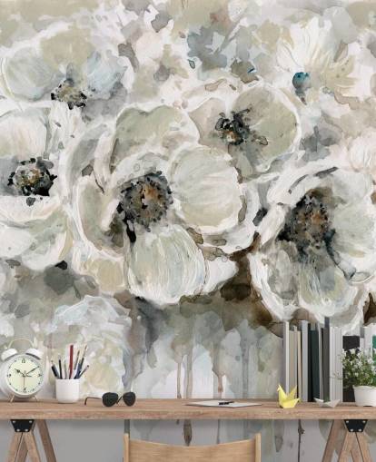 papier peint mural floral gris personnalisable appelé Neutral Bouquet de Carol Robinson pour chambres