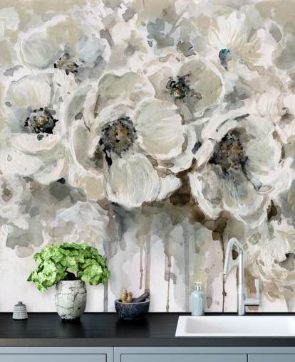 papier peint mural floral gris personnalisable appelé Neutral Bouquet de Carol Robinson pour chambres