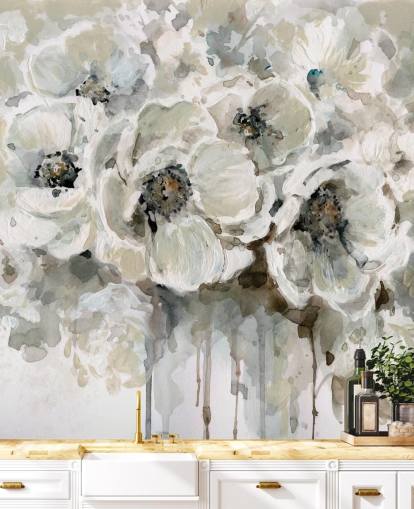 grå anpassningsbar blommig tapetväggmålning kallad Neutral Bouquet av Carol Robinson för sovrum