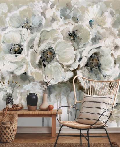 grijze aanpasbare bloemenbehangmuurschildering genaamd Neutral Bouquet van Carol Robinson voor slaapkamers