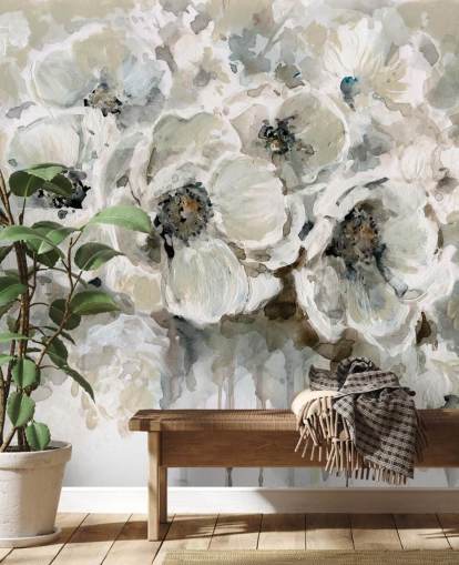 carta da parati murale floreale personalizzabile grigia chiamata Neutral Bouquet di Carol Robinson per camere da letto