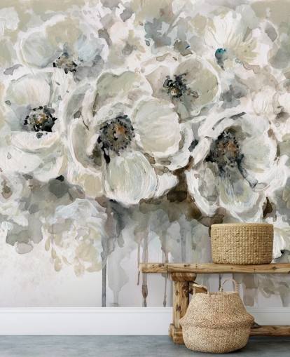 grå tilpasselig blomstertapet vægmaleri kaldet Neutral Bouquet af Carol Robinson til soveværelser