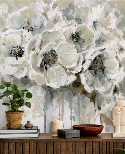 grijze aanpasbare bloemenbehangmuurschildering genaamd Neutral Bouquet van Carol Robinson voor slaapkamers grijze aanpasbare bloemenbehangmuurschildering genaamd Neutral Bouquet van Carol Robinson voor slaapkamers