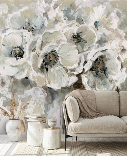 carta da parati murale floreale personalizzabile grigia chiamata Neutral Bouquet di Carol Robinson per camere da letto