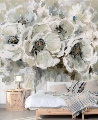 Graue, personalisierbare Blumentapete namens Neutral Bouquet von Carol Robinson für Schlafzimmer