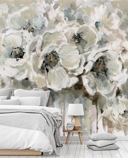 grå anpassningsbar blommig tapetväggmålning kallad Neutral Bouquet av Carol Robinson för sovrum grå anpassningsbar blommig tapetväggmålning kallad Neutral Bouquet av Carol Robinson för sovrum