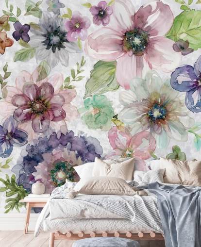 Papier peint fleurs violettes et roses