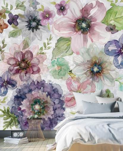 Papier peint fleurs violettes et roses