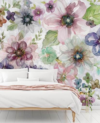 Papel pintado Flores moradas y rosas