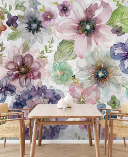 Papel pintado Flores moradas y rosas