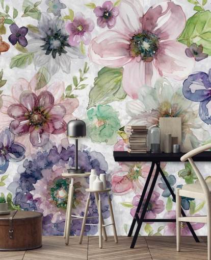 Papier peint fleurs violettes et roses