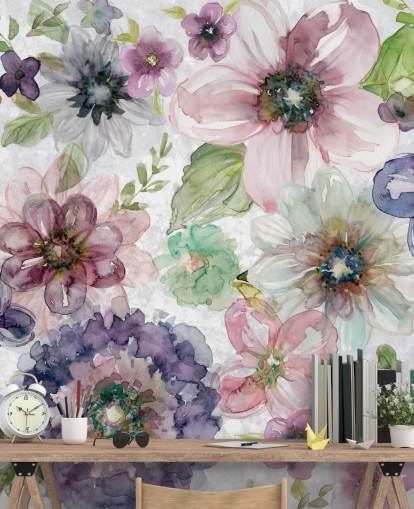 Carta da parati con fiori viola e rosa