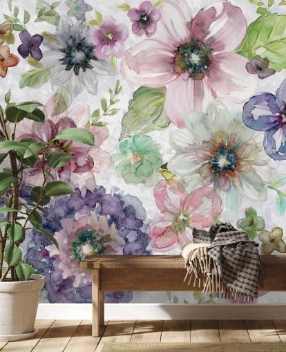 Papel pintado Flores moradas y rosas